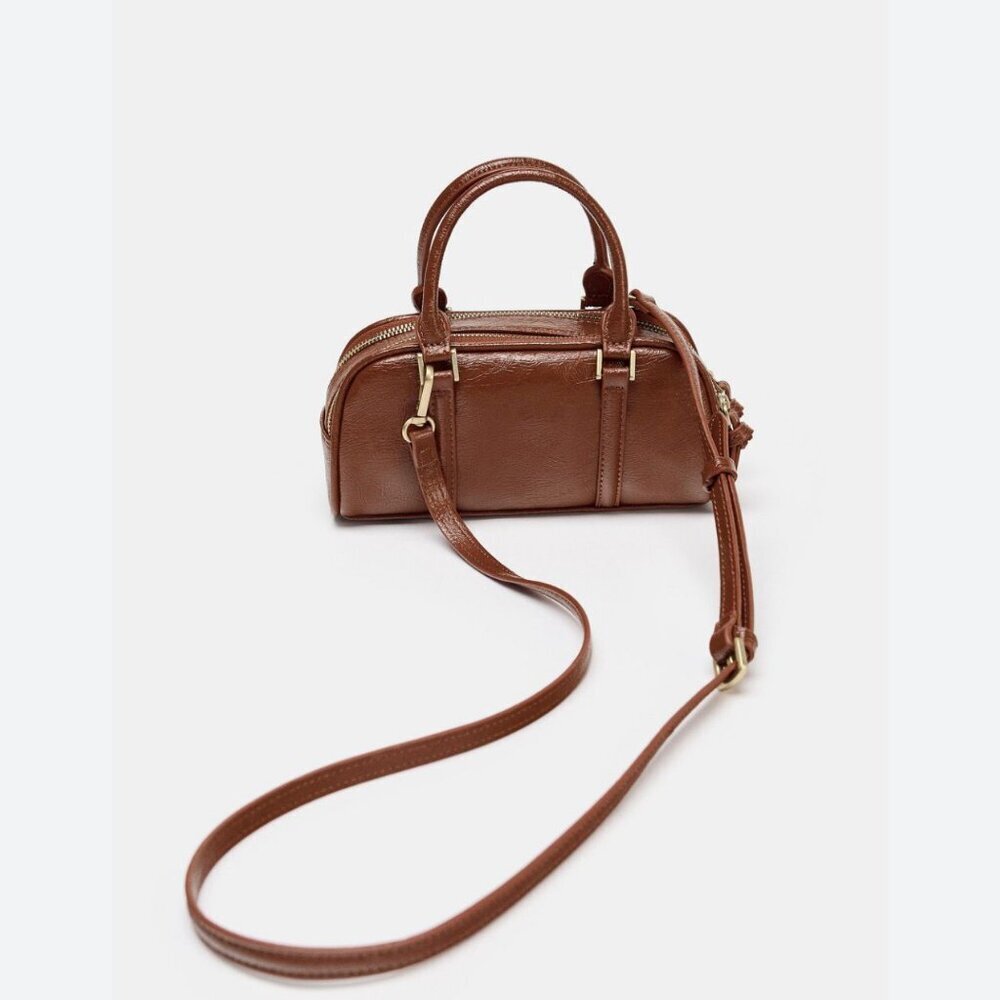 Zara Mini Leather Barrel Bag • Red Brown • Double Zip • Crossbody - Picture 4 of 9